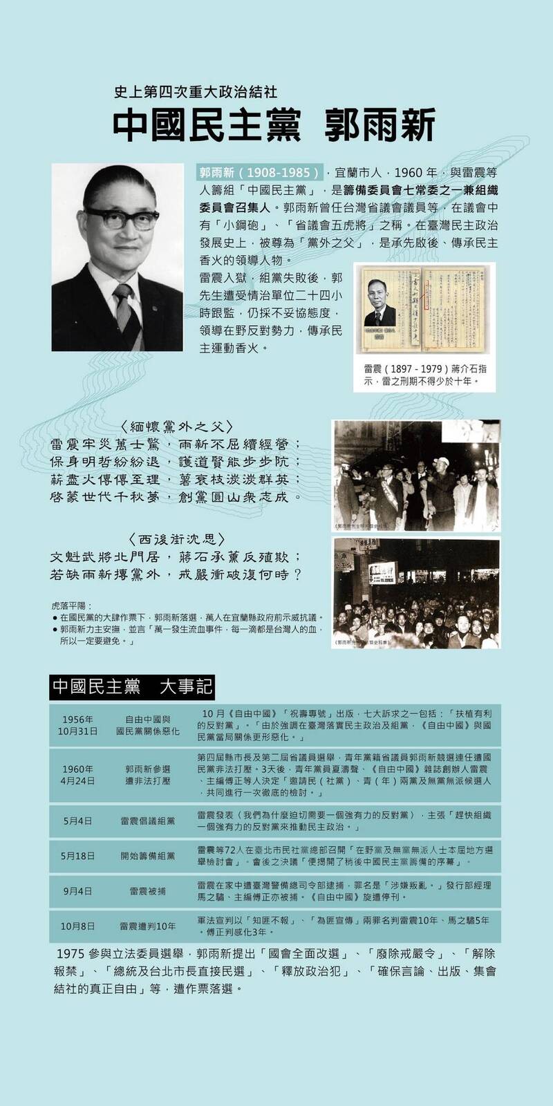 郭雨新參加「中國民主黨」組黨之時，不但是七常委之一，還擔任組織委員會的召集人。（作者提供）