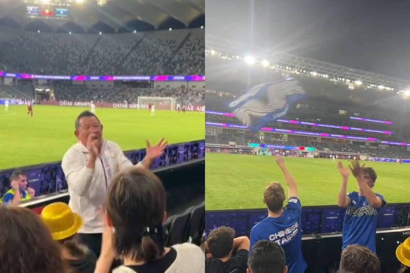 前國家隊總教練陳貴人為台灣加油卻遭主辦方帶離現場，隨後出現兩名澳洲青年挺身而出、帶領球迷應援。（本報合成，@omarhsu授權提供）