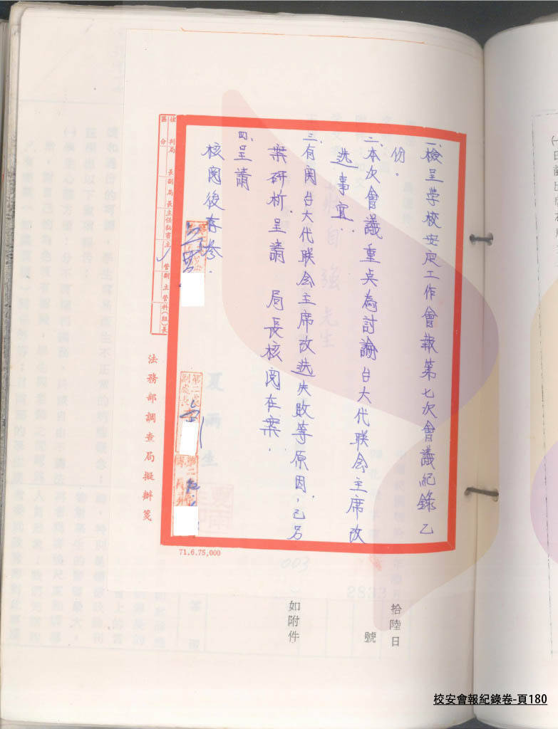 據黨產會調查，1983年6月16日，在學校安定工作會報「春風會報」中，擔任主席的教育部，以會報代名「夏雨生」名義，向包括黨、政、情治單位、救國團等參與會報單位發出第7次春風會報的會議記錄。（資料照，黨產會提供）