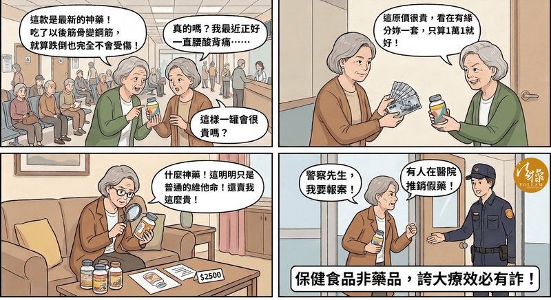 一名80多歲的張姓婦人向前來看診的70多歲連姓婦人推銷一款標榜「吃了就算跌倒也不會有事」的產品。（取自貼文）