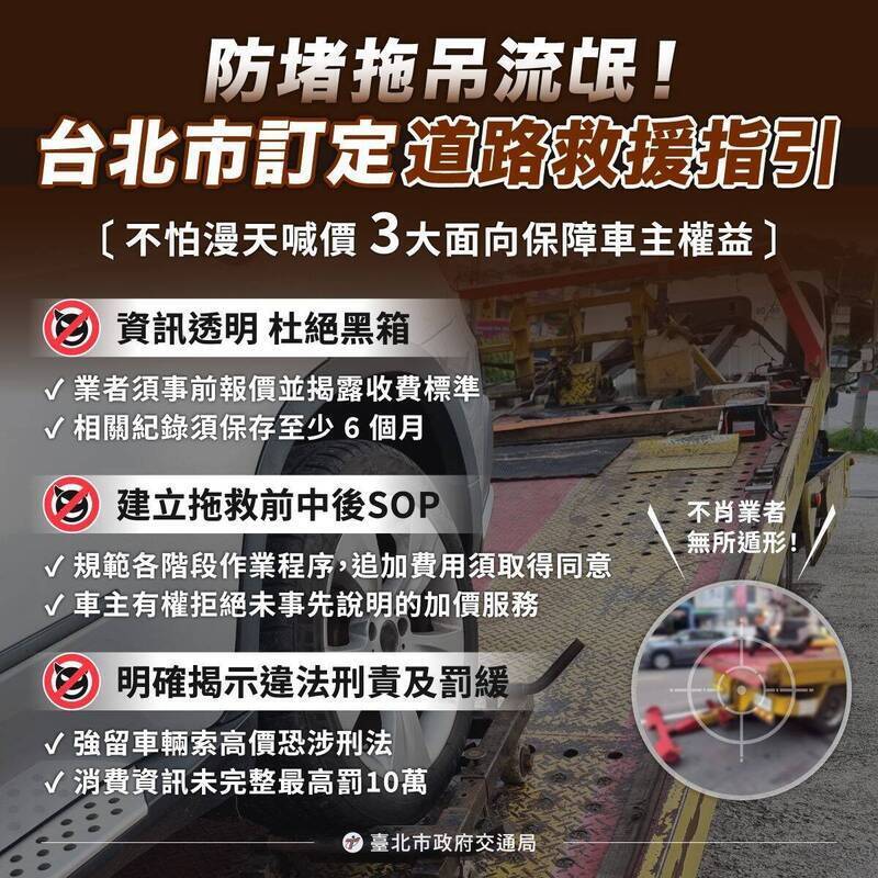 當資訊來源清楚可信，民眾就不必依賴搜尋引擎結果或現場陌生業者；圖為交通局訂定「臺北市道路救援車輛（汽機車）拖救處理指引」3月10日起實施。（資料照，北市交通局提供）