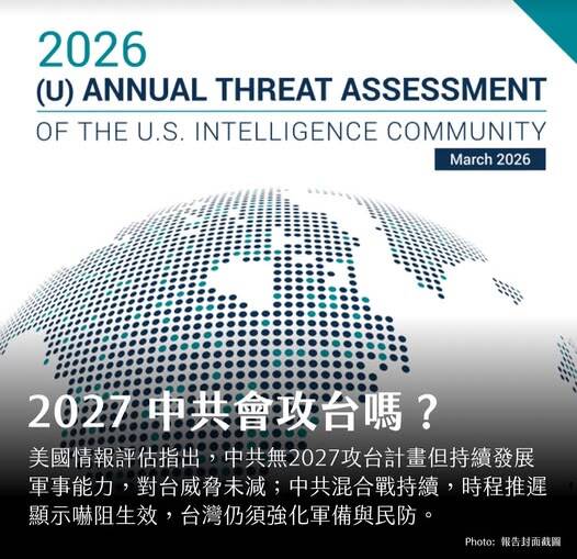 中共2027年會攻打台灣？美國情報界威脅評估報告認為，中國的威脅完全沒有減少的跡象。 （取自貼文）