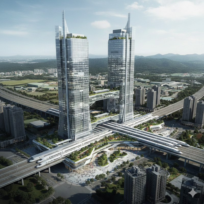 北台第二高鐵經費是透過容積特許權取得，興建「垂直科技城」，供企業進駐。AI製作模擬圖。（作者提供）