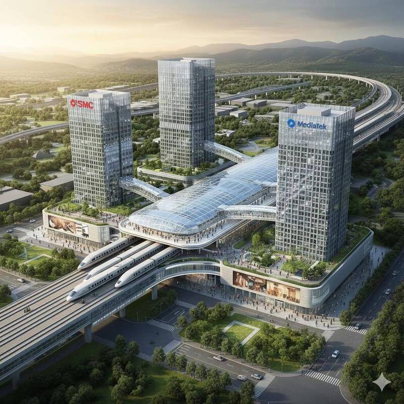 在1200%容積戰略下，八里高鐵站體周邊能發展出結合「智慧倉儲」與「高塔社宅」的混合型站城。（作者提供）