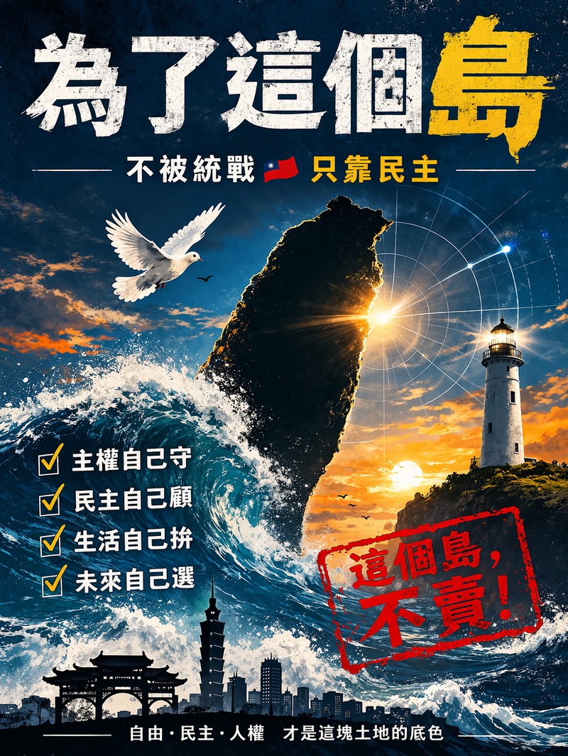《這個島，不賣》則把島嶼放回畫面中心，指出台灣不是戰利品，更不是可以預先畫入他人版圖的政治標的。（圖由筆者提供）