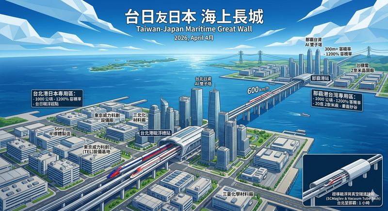 磁浮軌道不僅運輸人才，其隧道內併設超高壓直流電網與超純水管線，將使台日兩國的能源與物資生命線合而為一，成為「海上長城」。（作者提供）