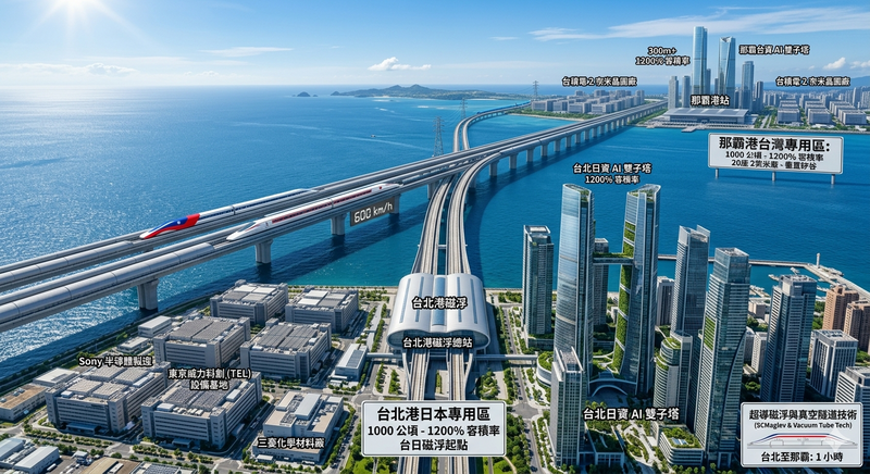 雙邊特區應導入1200%高容積率開發模式，在台北港與那霸港車站上方，分別興建高度逾350公尺的「台日AI雙子塔」。（作者提供）