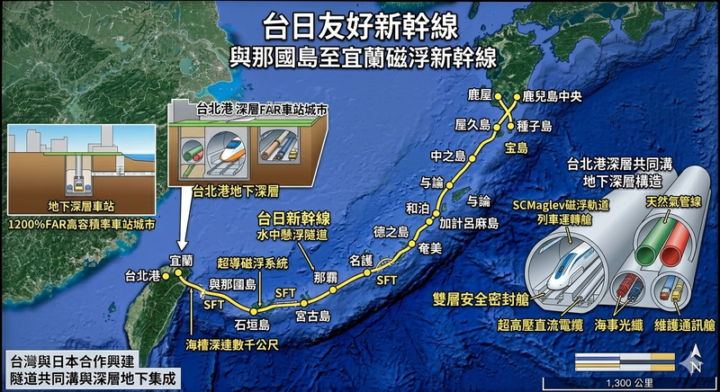 台北港劃定1000公頃日本專用區，於那霸港劃定1000公頃台灣專用區，以時速600公里超導磁浮（SCMaglev）串聯，建構「台日友好新幹線」。（作者提供）