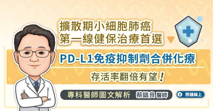 三軍總醫院內科部胸腔內科主任蔡鎮良醫師表示，擴散期小細胞肺癌第一線健保治療首選為PD-L1免疫抑制劑合併化療。（取自貼文）