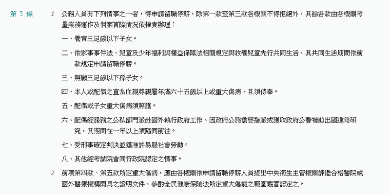 《公務人員留職停薪辦法》第五條。（擷取自全國法規資料庫網站）
