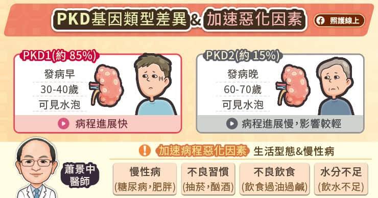 PKD1基因缺陷的多囊腎患者約占85%，發病時間通常在30至40歲；PKD2基因缺陷導致的多囊腎患者則占約15%，多於60至70歲才會發病。（取自貼文）