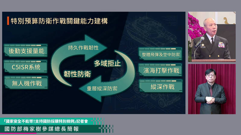 參謀總長梅家樹上將日前在總統府記者會上說明C5ISR系統，指可大幅加速「擊殺網」的建置與運作效率。（資料照，取自總統府官方直播）