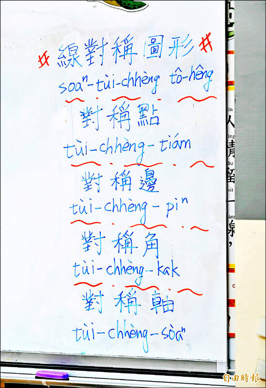 現今社會的民眾不認識台語的字，圖為高市路竹區北嶺國小數學課的專有名詞，以華語、台語（羅馬拼音）對照，寫在教室黑板上，供學生學習。（資料照）