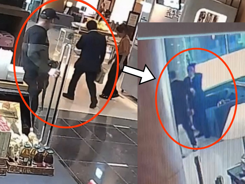 攻擊矢板明夫的中國籍男子從飯店側門進入，緊盯矢板明夫（左），後直接上前攻擊（右）。（資料照，民眾提供、記者許國楨翻攝，本報合成）