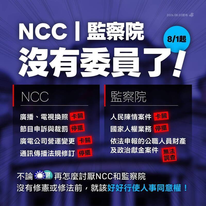 民進黨日前在臉書發文指出，因藍白立委拒絕依法行使人事同意權，國家通訊傳播委員會與監察院自8月1日起雙雙陷入「零委員」困境。（取自民進黨臉書）