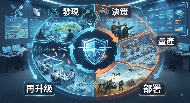 未來戰爭，比的是誰能更快完成「發現、決策、量產、部署、再升級」的創新循環。（本報製圖）