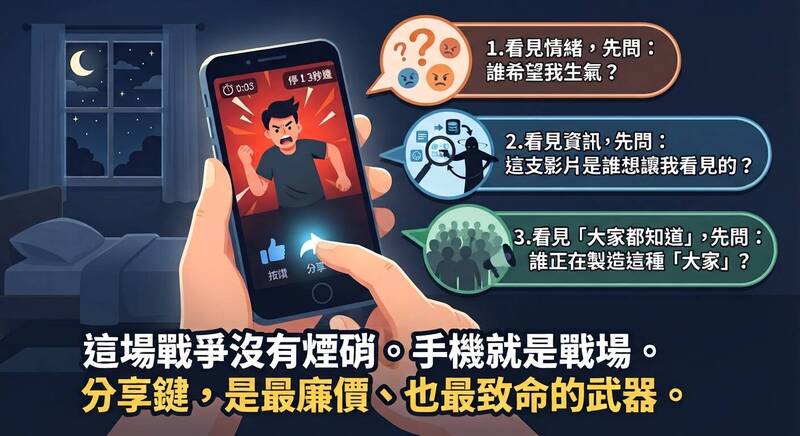 面對演算法強勢來襲，我們在按讚與分享前，不妨先給自己3秒鐘，問3個問題：誰希望我生氣？誰想讓我看這支影片？誰在製造這種主流訊息？（本報製圖）