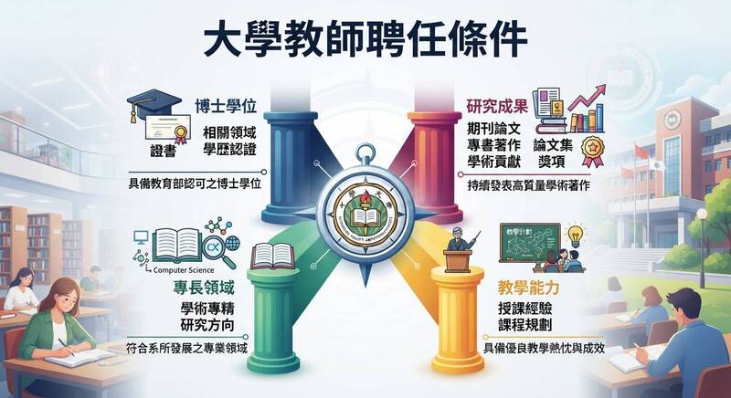 大學專任教師徵才公告中，通常需要寫上自身的研究成果、教學能力、專長領域與博士學位，甚至是國際研究能力。（本報製圖）