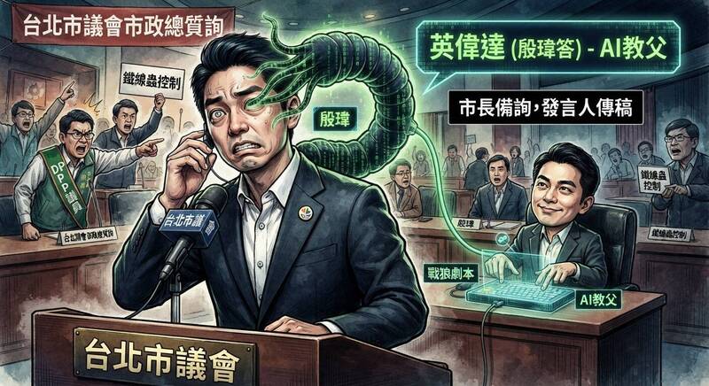 蔣萬安與殷瑋這種主帥與幕僚關係的異變，宛如自然界中「鐵線蟲控制螳螂」的驚悚隱喻：鐵線蟲寄生於螳螂體內，全面接管其神經系統，驅使原本怕水的螳螂盲目跳水。（本報製圖）