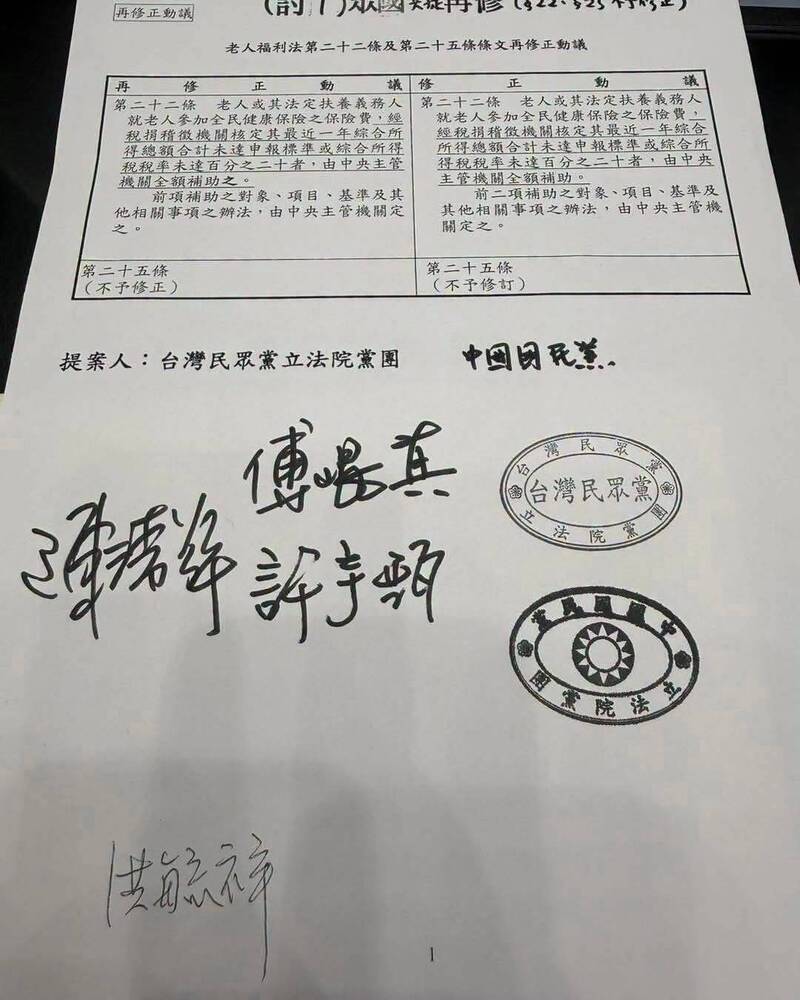 國民黨團傅崐萁、許宇甄、陳清龍、洪毓祥簽署的《老人福利法》第22條再修正動議。（取自貼文）